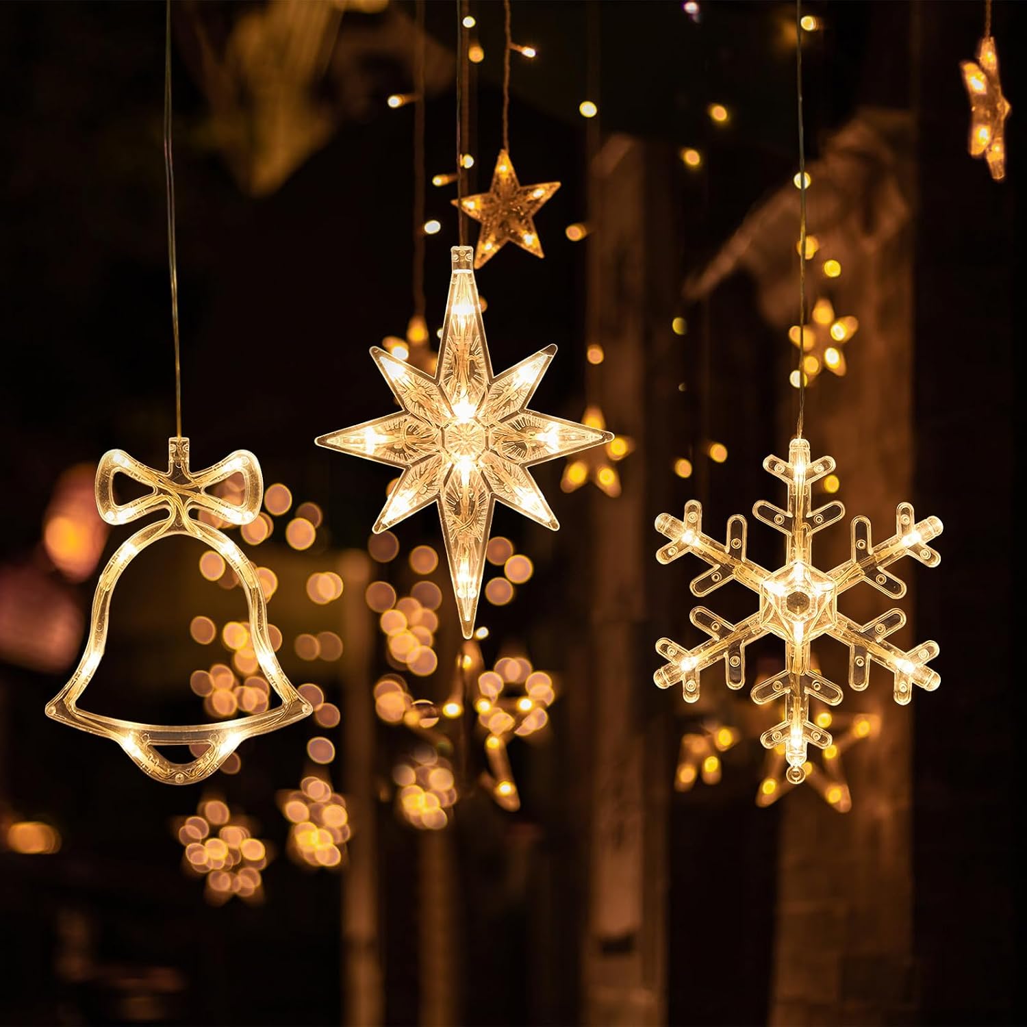 Ccykxa Weihnachts-lichterkette, 3er-set, Weihnachts-lichterkette Mit Sternen Und Schneeflocken, Weihnachts-innendekoration, Lichtervorhänge, Fensterdekoration