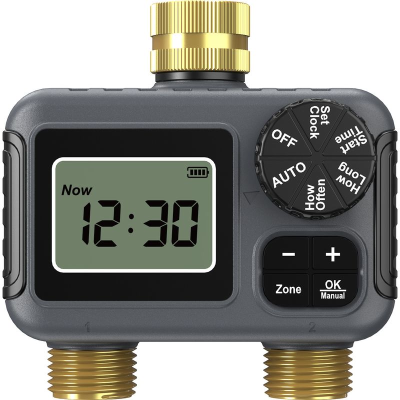 Zweikanal-bewässerungsventil Mit Messingeinlass – Schutzart Ip55 (wasserdicht), Drehknopf, Druckknopf, Timer Mit Lcd-anzeige