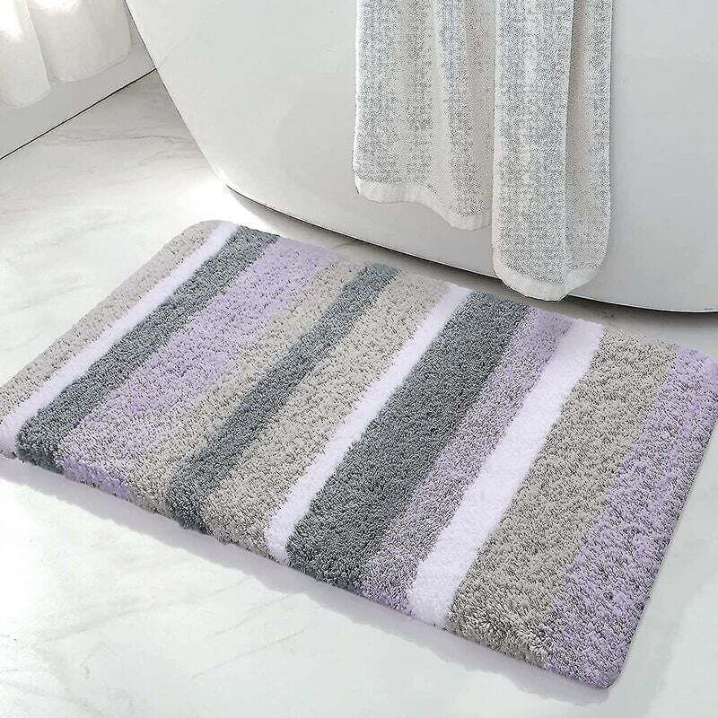 Ecleanfy – Gestreifte Mikrofaser-badematte Fürs Badezimmer (lila-grau, 43 X 61 Cm), Extra Dick, Weich Und Flauschig, Saugfähig, Maschinenwaschbar, Rutschfest