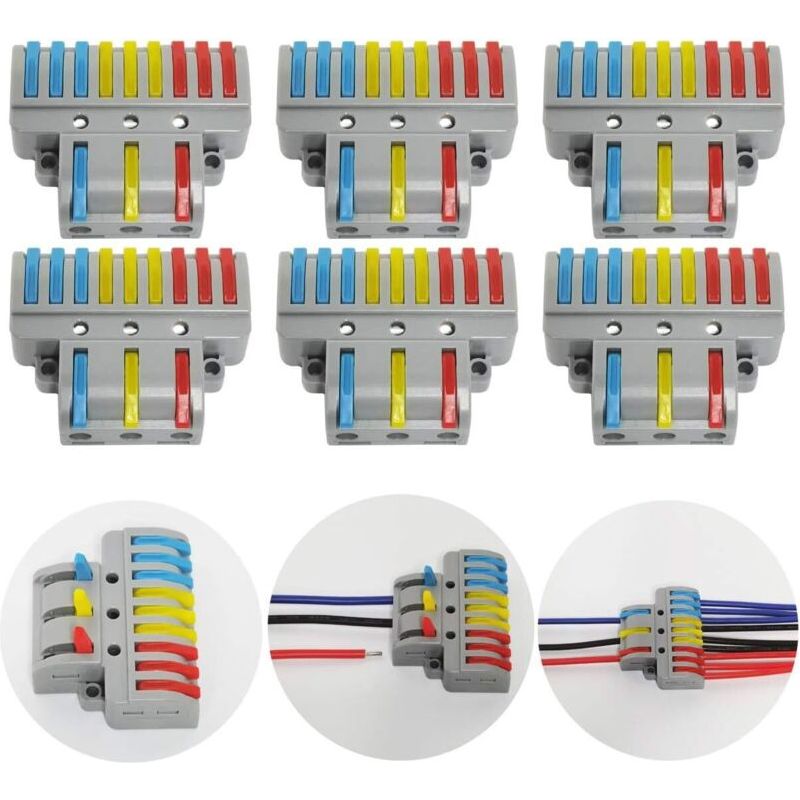 Ecleanfy - Anschlussklemmen, 6-teiliges Set Elektrischer Steckverbinder Mit Betätigungshebel, Kompakte Automatische Elektrische Anschlussklemme, 3 Eingänge, 9 Ausgänge, Mit Befestigungsschrauben