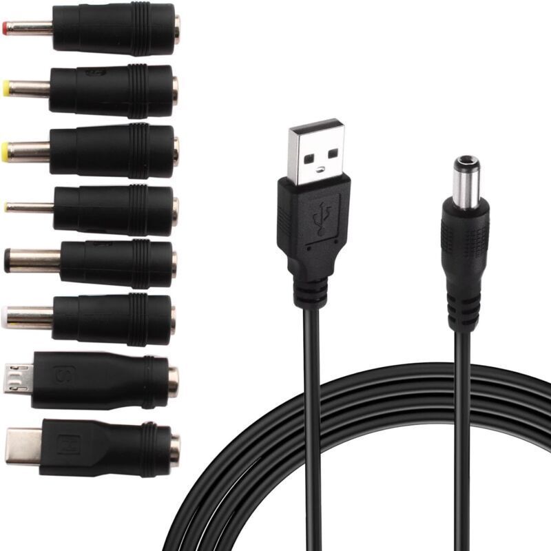 Ecleanfy - Usb-zu-dc-5v-kabel, Usb-zu-dc-stromkabel, 8-in-1-dc-netzteil 5,5 X 2,1 Mm Dc-hohlstecker Für Laptop, Router Usw. (1 M, Schwarz)