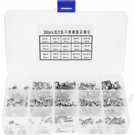 Assortiment De Rivets Solides À Tête Ronde En Acier Inoxydable M2-m5, 250 Pièces, Tige Moletée