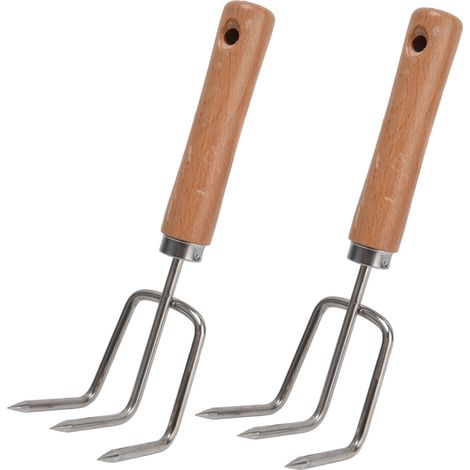 Râteau À Griffes De Jardin Avec Manche En Bois, Outil De Culture Portatif En Acier Inoxydable, 2 Pièces