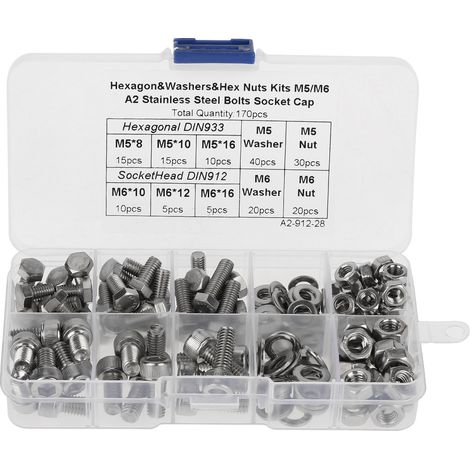 Boulons Vis, 170 Pièces M5 M6 En Acier Inoxydable Pratique Pour Le Stockage Boulon À Douille Hexagonale Pour Les Fixations De Construction
