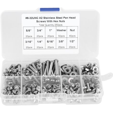 Vis À Tête Cylindrique Croisée En Acier Inoxydable 304, Avec Écrous Hexagonaux, Rondelles, Kit De Vis, 250 Pièces 6-32unc