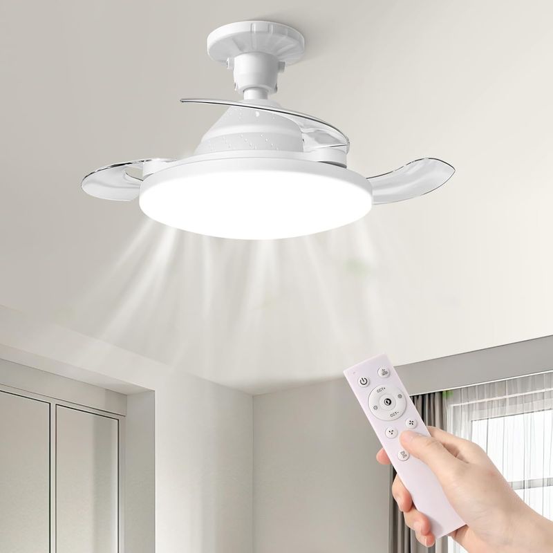 Deckenventilator Mit Licht, Einziehbaren Flügeln, Fernbedienung, 3 Helligkeitsstufen, 3 Geschwindigkeiten, 57 Cm, Geräuscharmer Lampe Für Esszimmer Und Küche