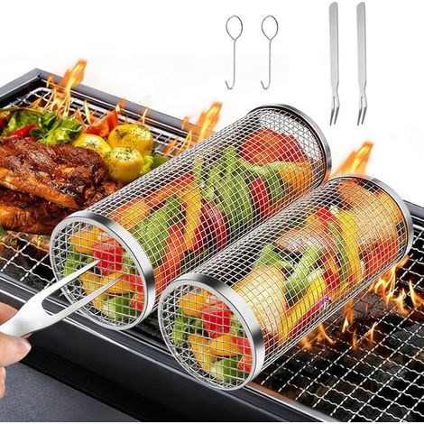 Set Aus Zwei Rollbaren Grillkörben Aus Edelstahl 304, Geeignet Für Gemüse, Pommes Frites, Fisch Usw., Grillzubehör Für Den Außenbereich.