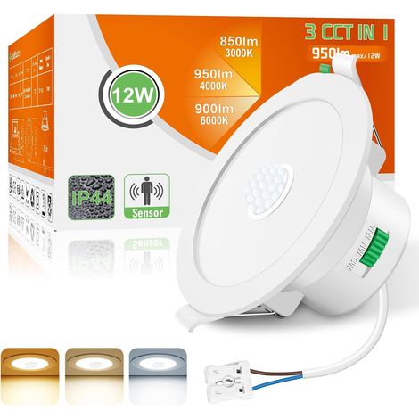 Led-einbaustrahler Mit Bewegungsmelder, Wasserdicht, 12 W, 950 Lm, Schutzart Ip44, 3 Farbtemperaturen (warmweiß 3000 K, Neutralweiß 4000 K, Kaltweiß 6500 K), Ausschnitt 90–100 Mm, 220–240 V Wechselstr