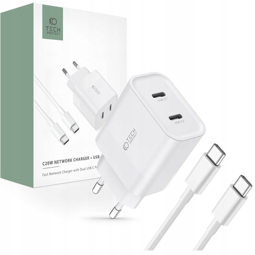 Tech-protect C20w 2-port-netzwerkladegerät Pd20w + Typ-c-kabel Weiß