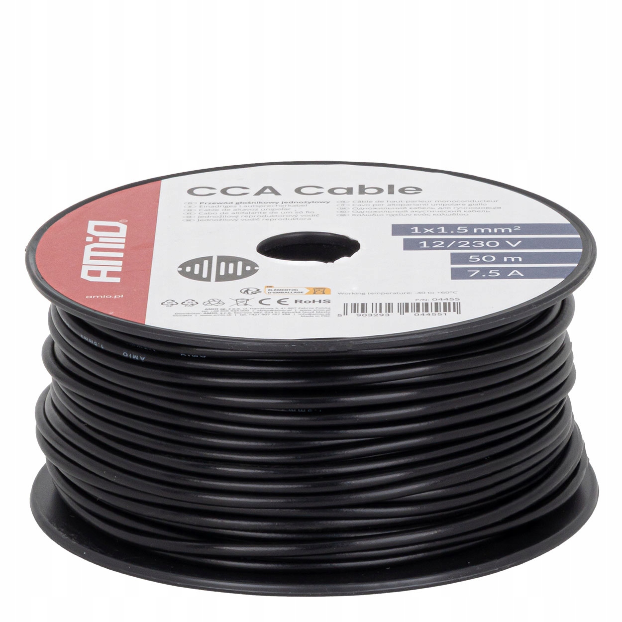 Einadriges Kabel Schwarz Cca 1x1,5mm² 50m 7,5a 12/230v Amio-04455