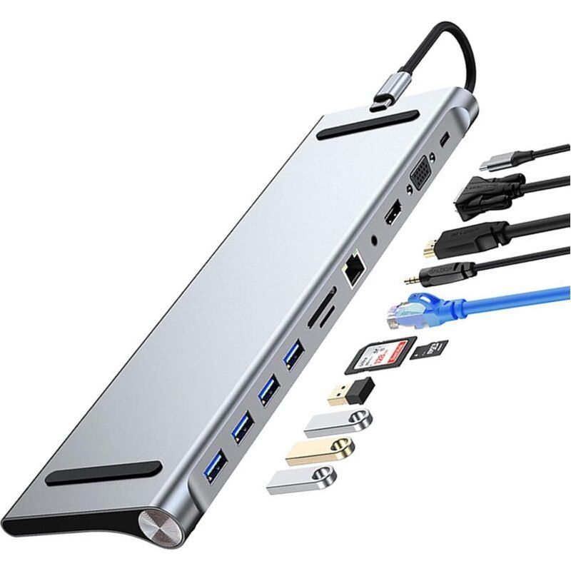 11-in-1 Usb-c-hub – 4k 30hz Hdmi, Vga, Rj45, 4 Usb 3.0-anschlüsse, Sd/tf-kartenleser – 5 Gbit/s Übertragungsgeschwindigkeit – Für Macbook, Imac