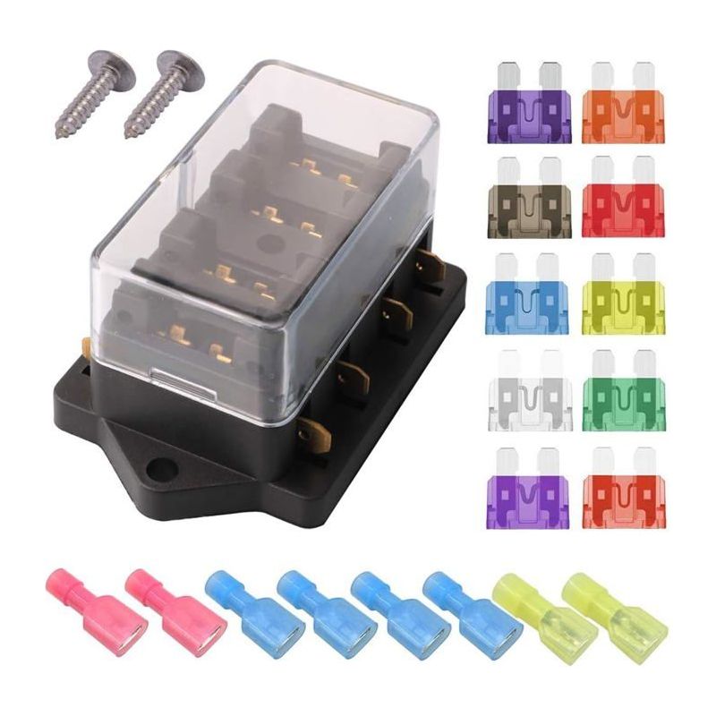 Ecleanfy - 32v 40a 4-wege-standard-sicherungskasten, 6,3 Mm Sicherungskasten, Mit 10 Kostenlosen Flachsicherungen (3a 5a 7,5a 10a 15a 20a 25a 30a 35a 40a)