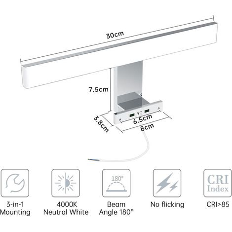 Led-spiegelleuchte, Led-wandleuchte Für Badezimmerspiegel, 30 Cm, 6 W, Neutrales Licht, 4000 K, Ultradünn, Zum Anklemmen/für Möbel/wandmontage