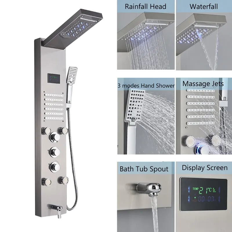 Duschpaneel, Digitalanzeige, Körpermassagedüsen, Gebürstet 8004