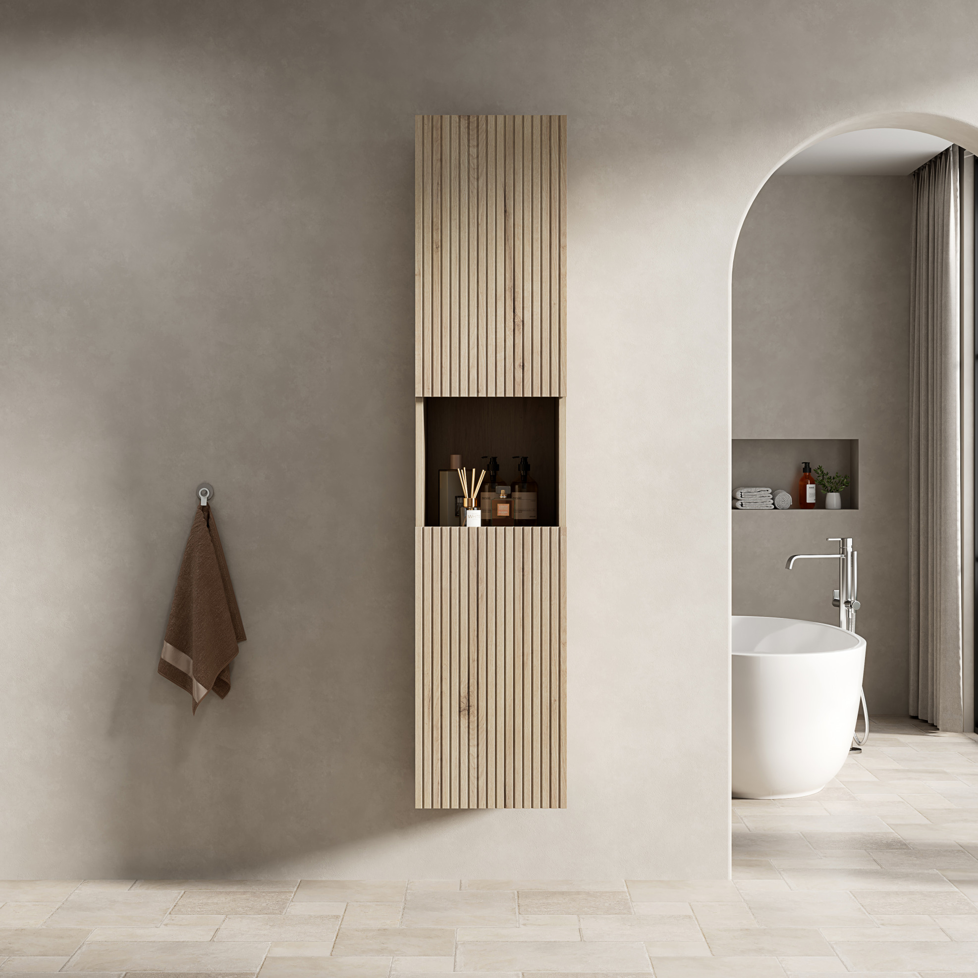 Okmyhome Bad-hochschrank 160 Cm Mit 2 Türen Und Offenem Fach, Weißeiche