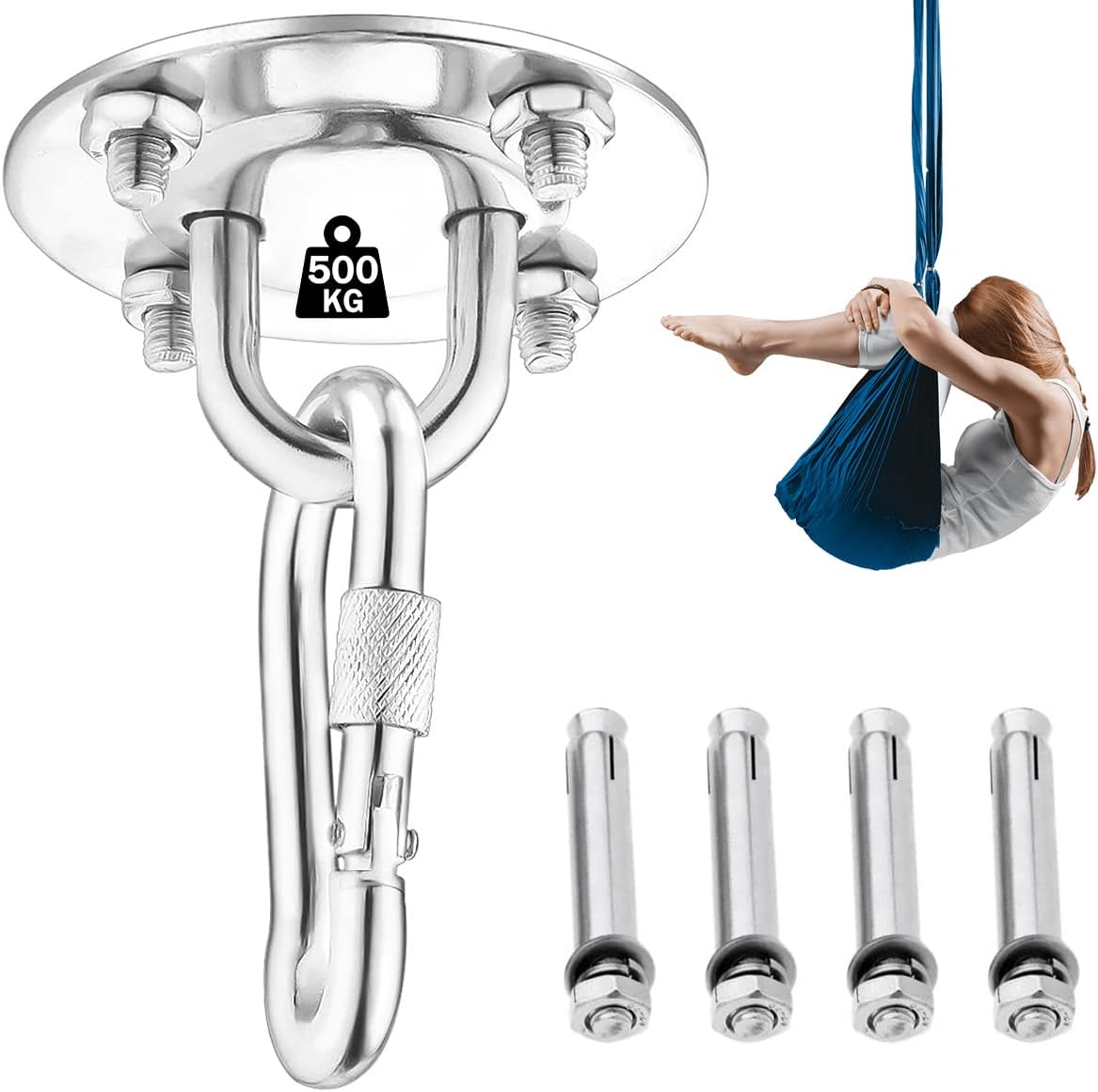 Crochet De Plafond, Crochet De Fixation Murale Pour Hamac Suspendu,yoga,chaise Accrochante Et Sac De Boxe, 500kg Capacité Acier Inoxydable Kit De Suspension Trainer Avec Mousqueton Et Vis De Fixation