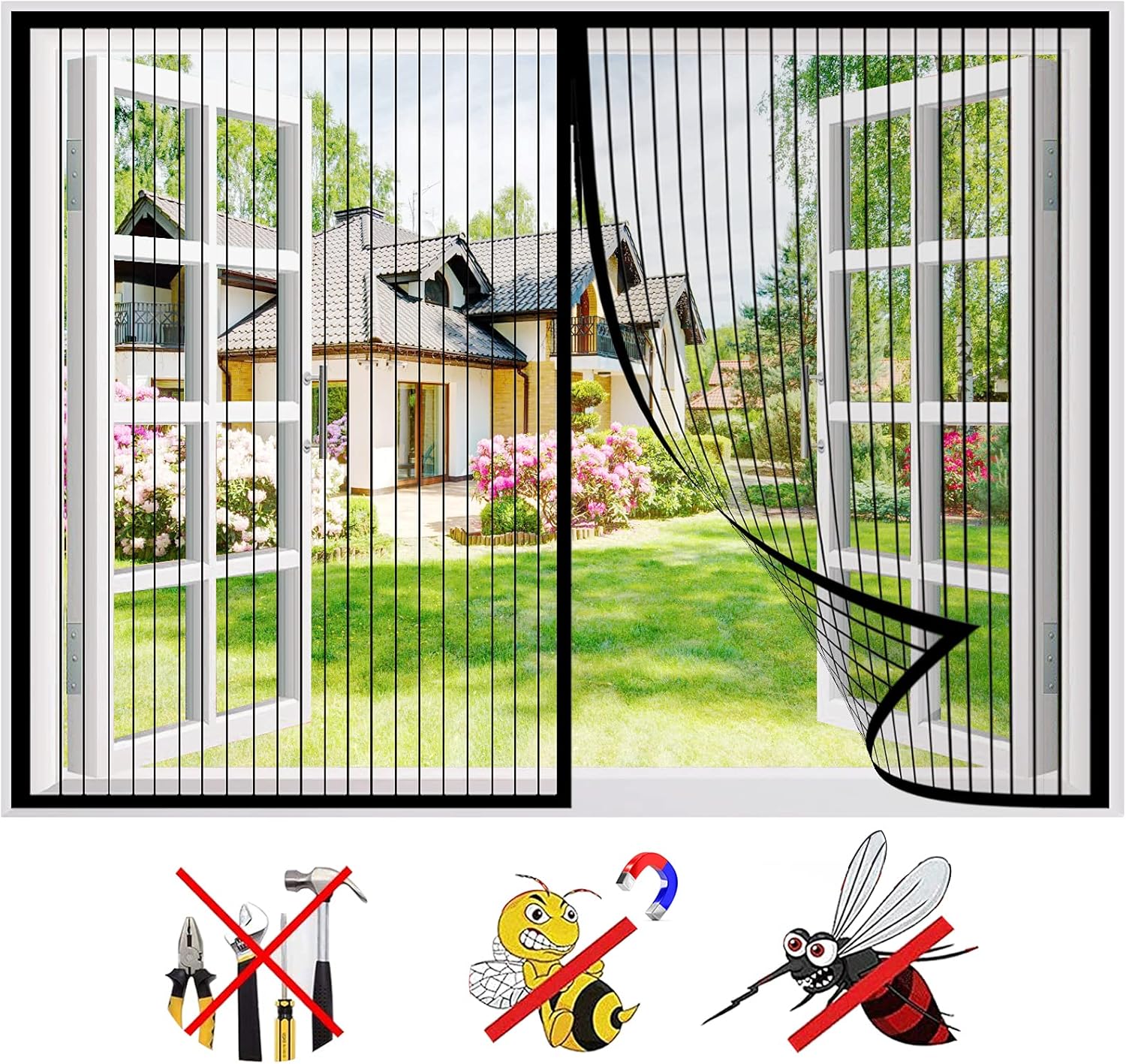 Moustiquaire Fenêtre Magnétique, Fermeture Automatique Insectes Fenêtre D'Écran Magnétique, Sans Perage Facile À Installer, Pour Fenêtre Portes-black 47x51inch(120x130cm)