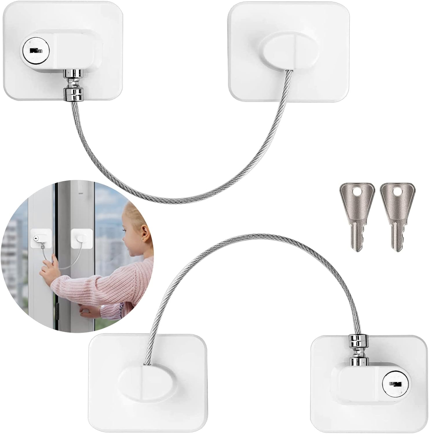 2 Pcs Securite Fenetre Enfant, Entrebailleur Fenetre Pvc Sans Percer Serrure Forte Adhsive Cable Bloc Fenetre Avec Cl, Pour Rfrigrateur Portes Et Tiroirs Fentres Securite Enfant