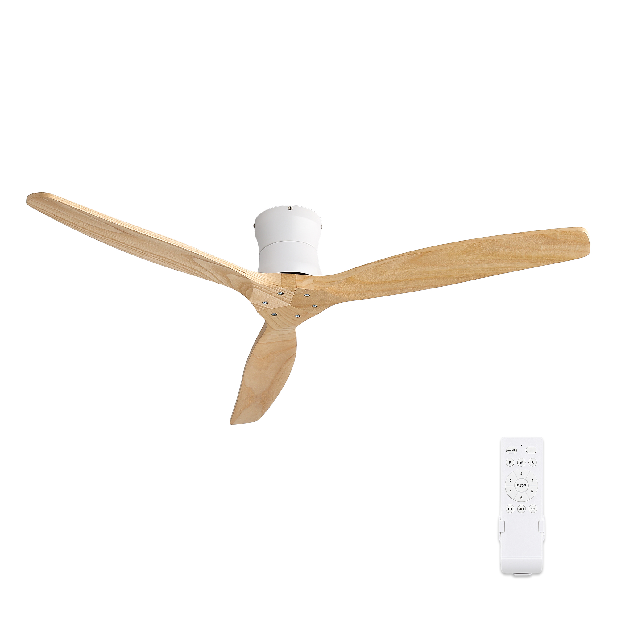 Deckenventilator Ohne Beleuchtung, 132 Cm, Mit Fernbedienung, 3 Massivholzflügel Und Metall, Modernes Design, Weiß