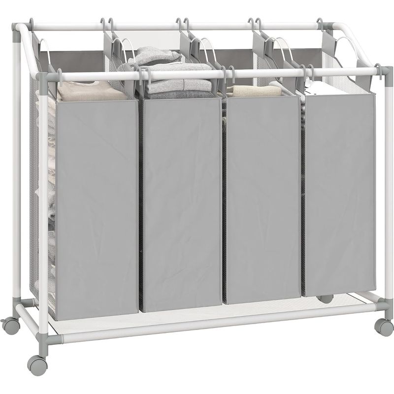 Tragbarer Wäschekorb, Rollbarer Aufbewahrungskorb (inklusive 4 Abnehmbarer Stoffbeutel), 4 X 40 L, Geeignet Für Waschküchen, Schlafzimmer Und Badezimmer, Grau.