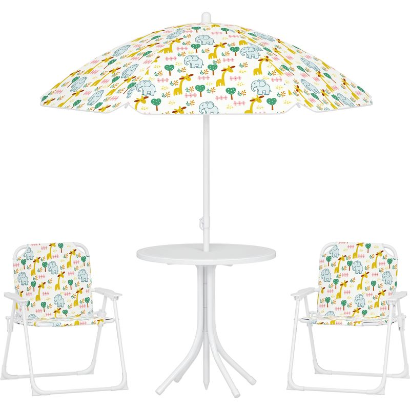 4-teiliges Kindergartenmöbelset Mit Verstellbarem Sonnenschirm (ø 100 Cm), Faltbares Outdoor-set Mit Elefanten- Und Giraffenmuster