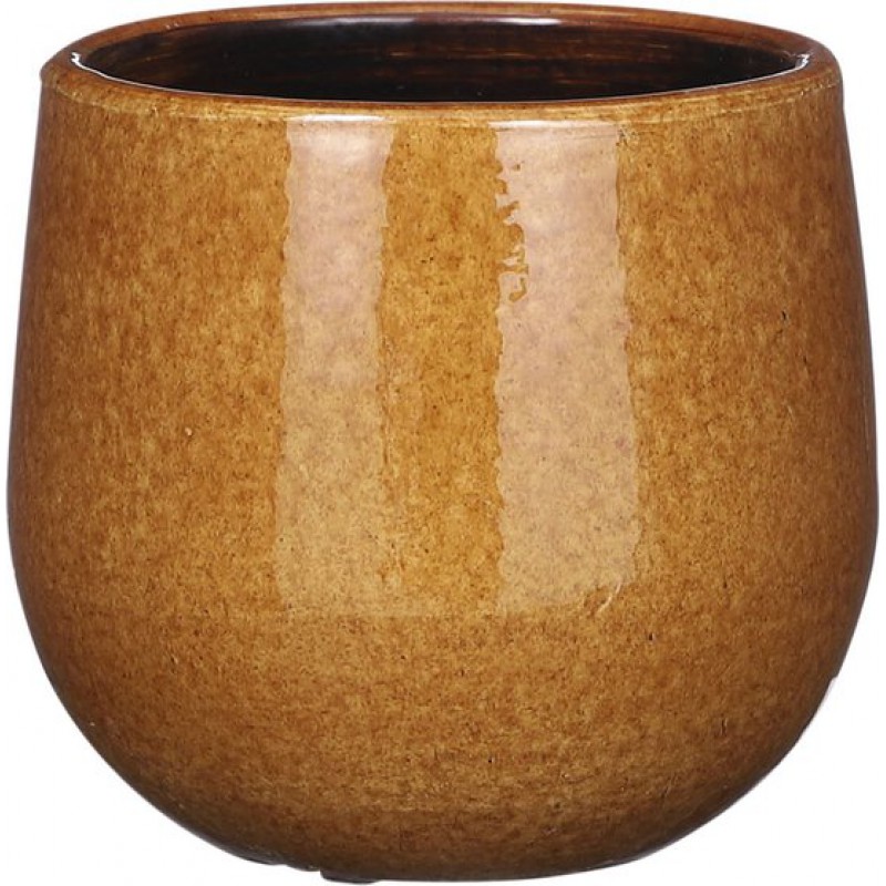 Blumentopf/pflanztopf – Keramik – Glänzend Ockergelb/gesprenkelt – Durchmesser 14 Cm/höhe 12 Cm