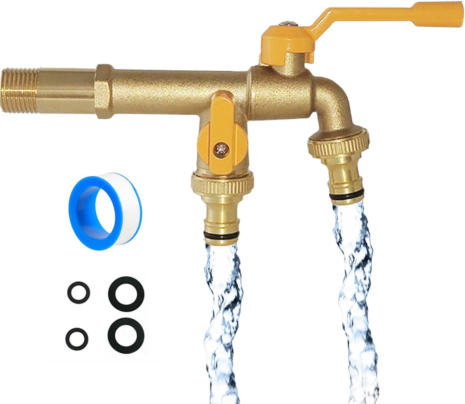 2-wege-wasserverteiler Aus Messing – 1/2"-einlass, 3/4"-auslass – Robuster Gartenhahn Für Den Außenbereich