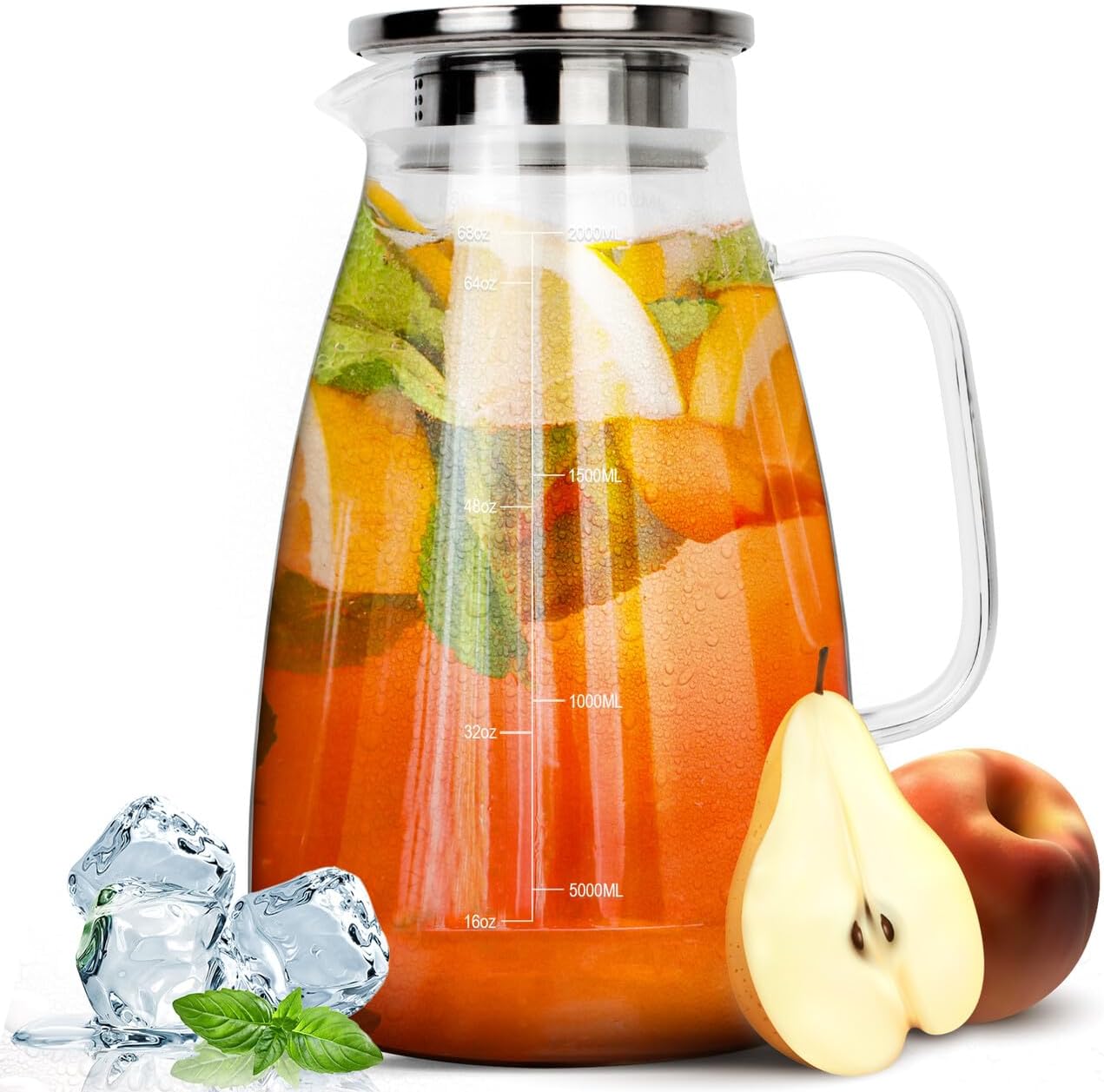 2-liter-glaskaraffe – Edelstahldeckel – Borosilikatglas – Ausgießer – Für Eistee, Saft, Kaffee – Hitzebeständig