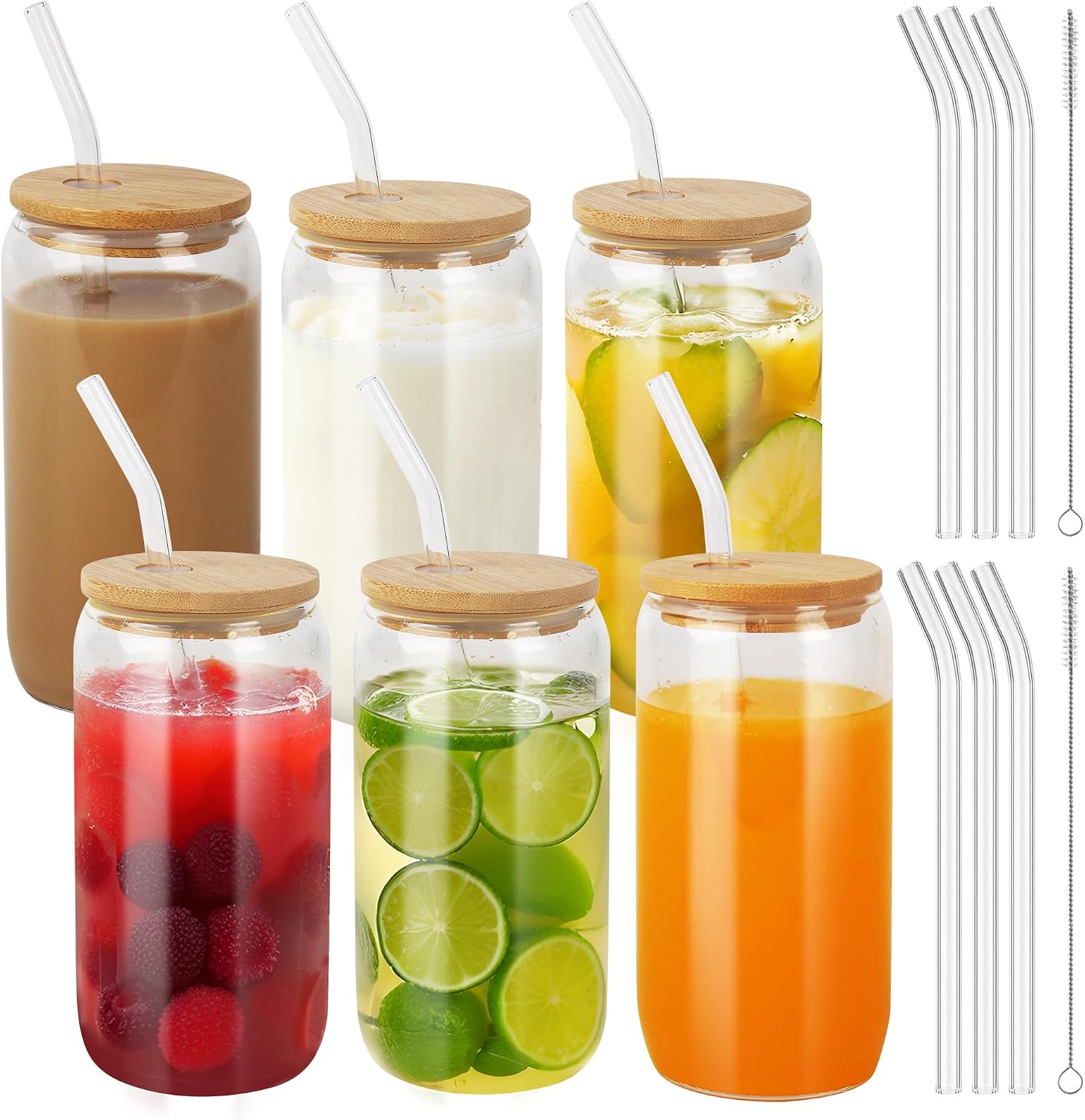 Glasdosen – 6 Stück – Borosilikatglas – Bambusdeckel Und Strohhalm – Für Eiskaffee Und Cocktails – 500 Ml