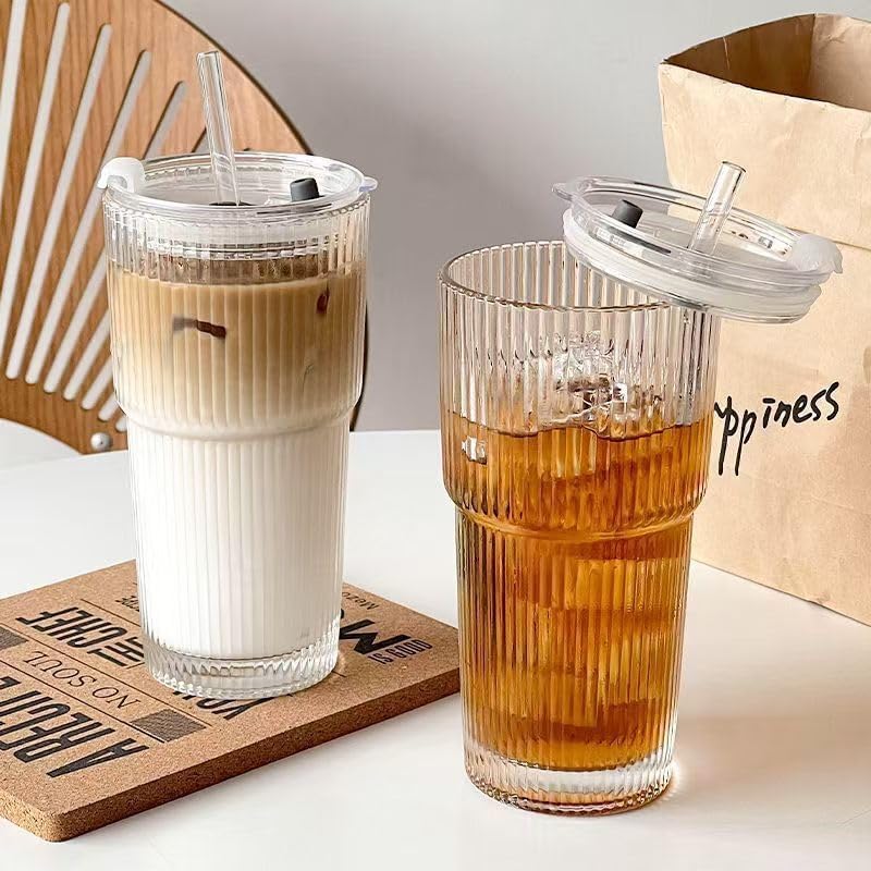 Wassergläser – 2er-set – Borosilikatglas – 600 Ml – Mit Deckel Und Strohhalm – Für Eiskaffee Und Saft