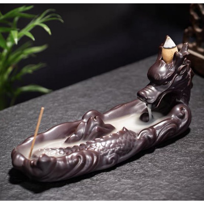 Feng Shui Drachen-räuchergefäß Mit Rückflussfunktion, Braune Keramik, Wasserfallmuster. 20 X 8,5 X 6 Cm