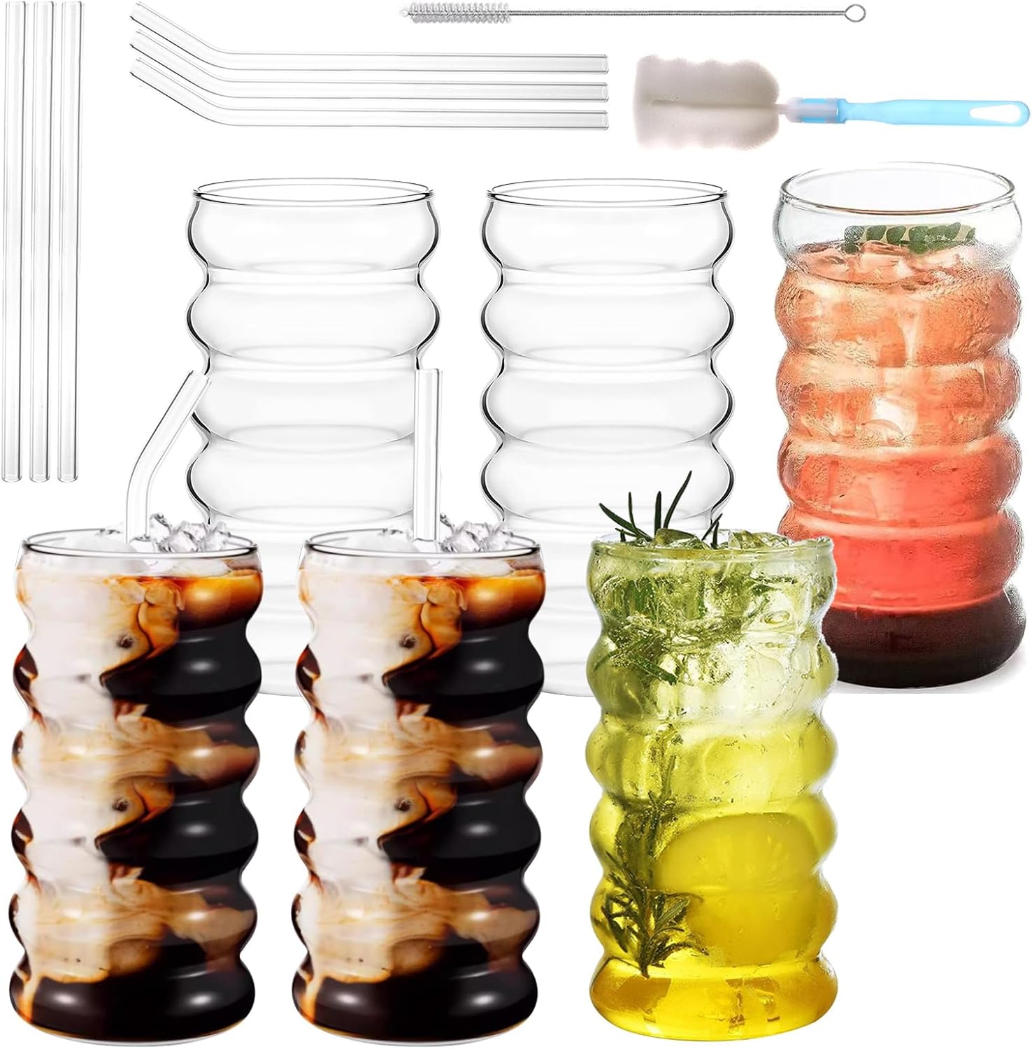 Set Mit 6 Geriffelten Bubble-gläsern, 450 Ml, Mit Strohhalmen, Eiskaffeegläser Mit Bürste