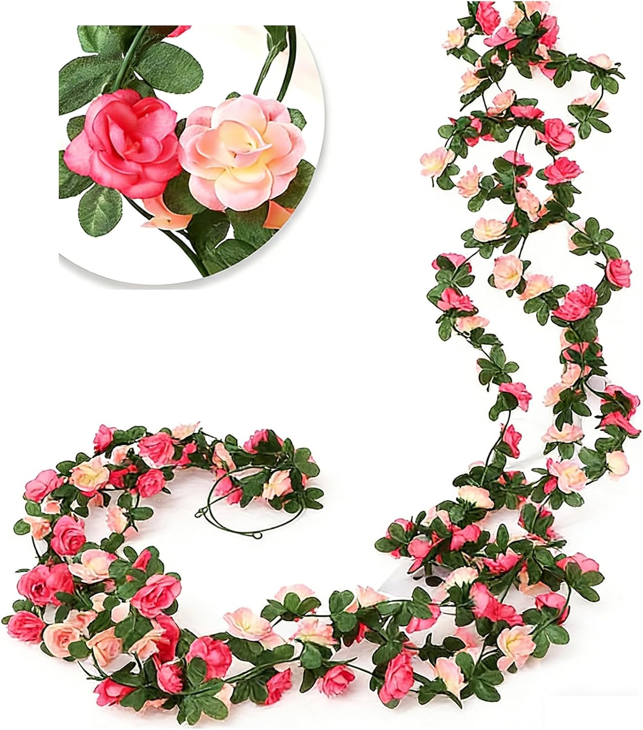 Girlande Aus 45 Künstlichen Seidenrosen – 3-teilig (insgesamt 7,35 M) – Zweifarbig Magenta/hellrosa – Dekorative Blumen Für Den Innen- Und Außenbereich, Z. B. Für Hochzeiten, Begrünte Wände Und Bögen