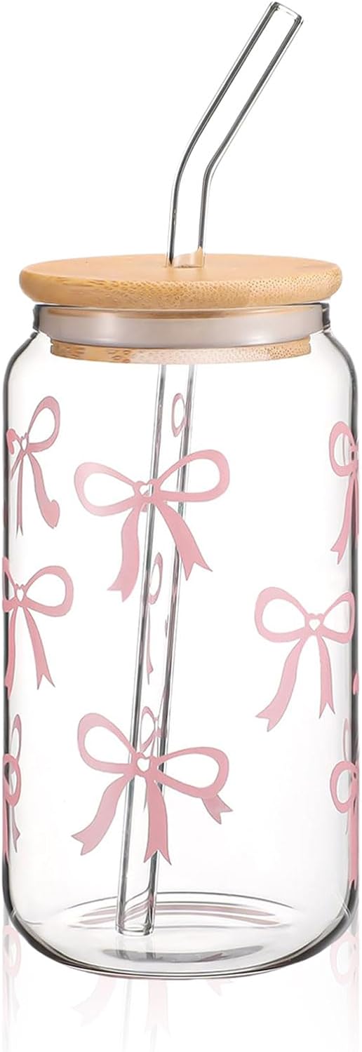 473 Ml Glasbecher – 1 Stück – Niedliches Schleifendesign – Mit Deckel Und Strohhalm – Für Kaffee, Cocktails, Saft – Transparent