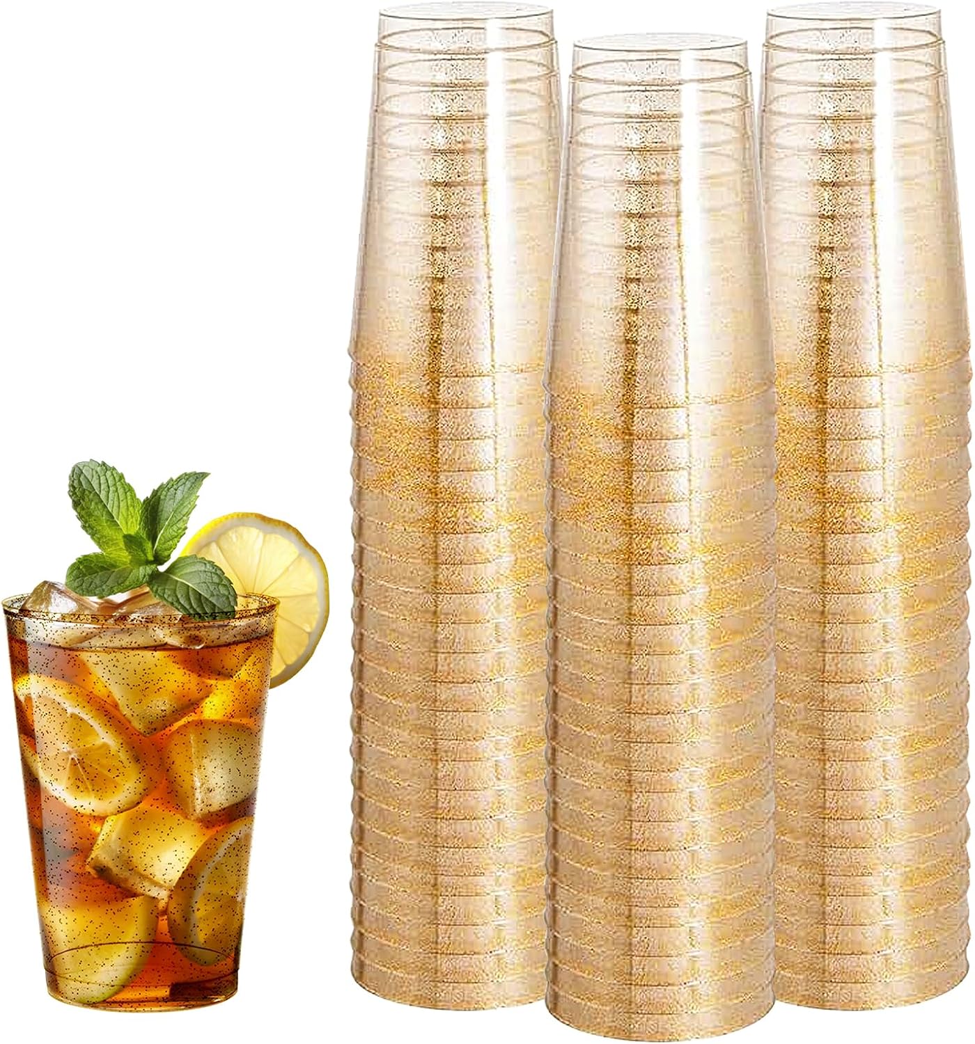 Set Mit 50 Hochwertigen Plastikbechern – Wiederverwendbar – 300 Ml – Aus Robustem Kunststoff – Mit Goldglitzer – Für Partys, Hochzeiten, Geburtstage