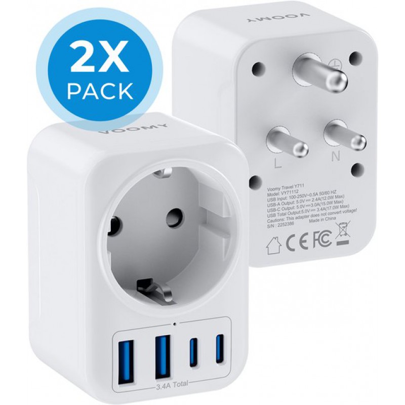 Reiseadapter Typ D (2er-pack) – 2 Usb-c- Und 2 Usb-a-anschlüsse – Universaladapter Kompatibel Mit Indien, Sri Lanka, Pakistan Und Nepal – Weiß