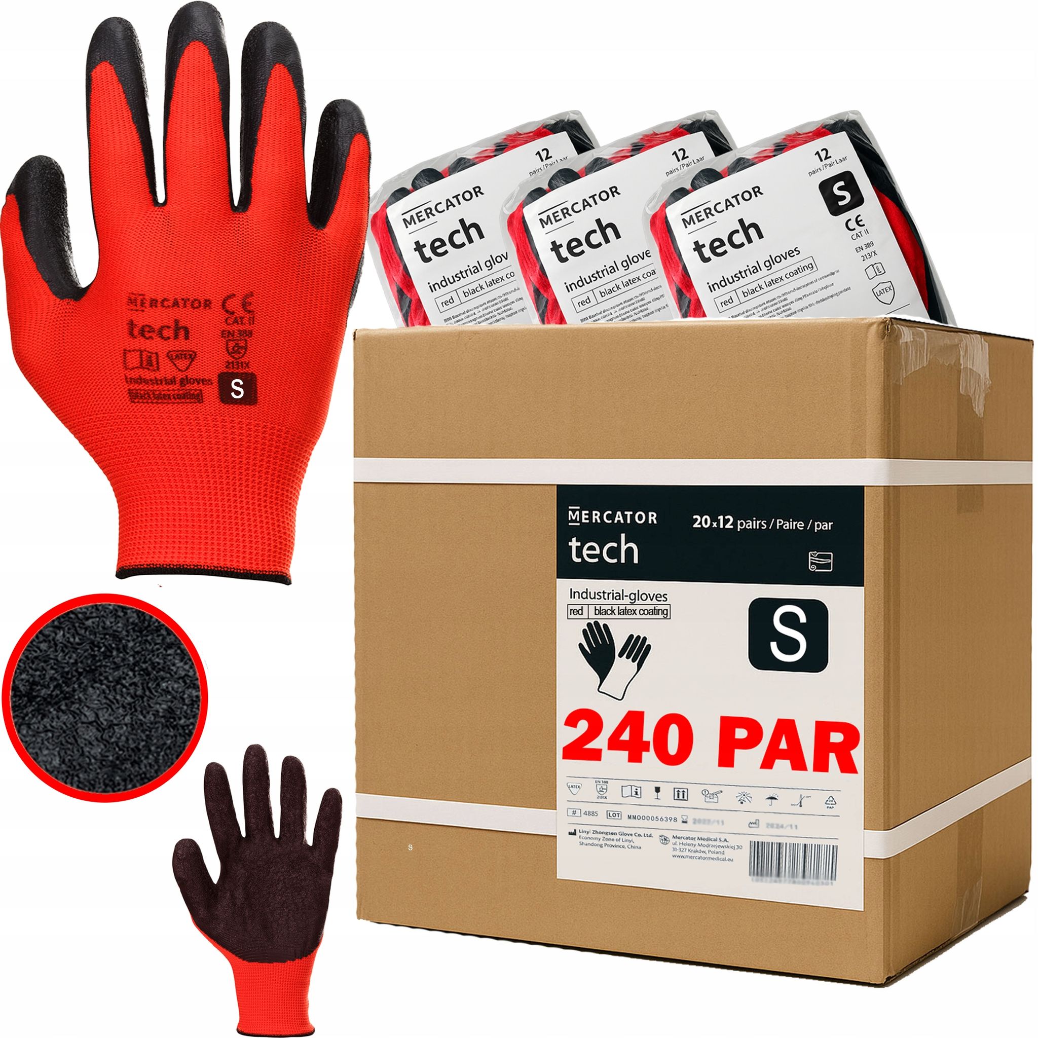 Mercator Tech Rot+schwarze Latex-arbeitshandschuhe - S - 240 Paar