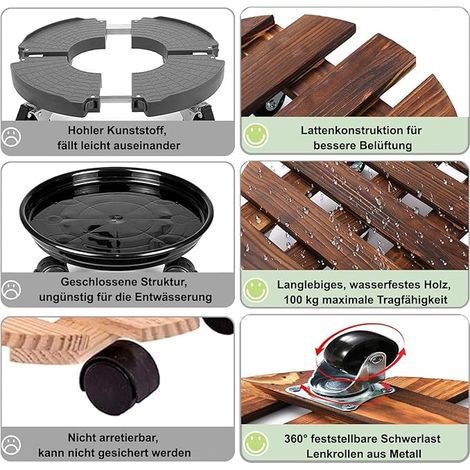 360°-pflanzenständer In 2 Teilen - 30 Cm Holzständer Mit Arretierbarer Rolle Für Zimmer- Und Gartenpflanzen - Für Haus Und Garten (rund)