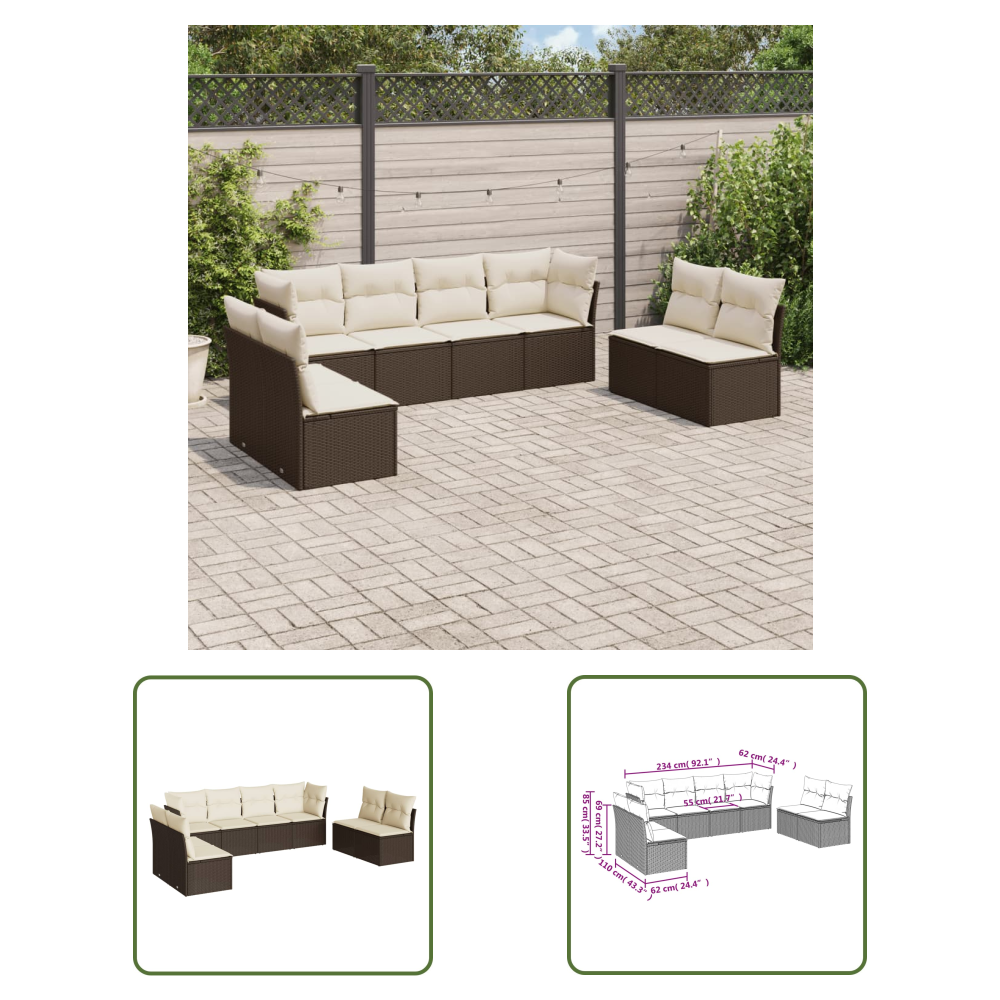 The Living Store 8-tlg. Garten-sofagarnitur Mit Kissen Braun Poly Rattan - Gartensofas - Outdoor Möbel - Gartenmöbel Set - Rattan Sofa - Lounge Set