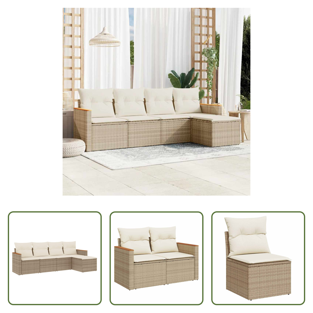 Vidaxl Rattan - 5-tlg. Garten-sofagarnitur Mit Kissen Beige Poly Rattan