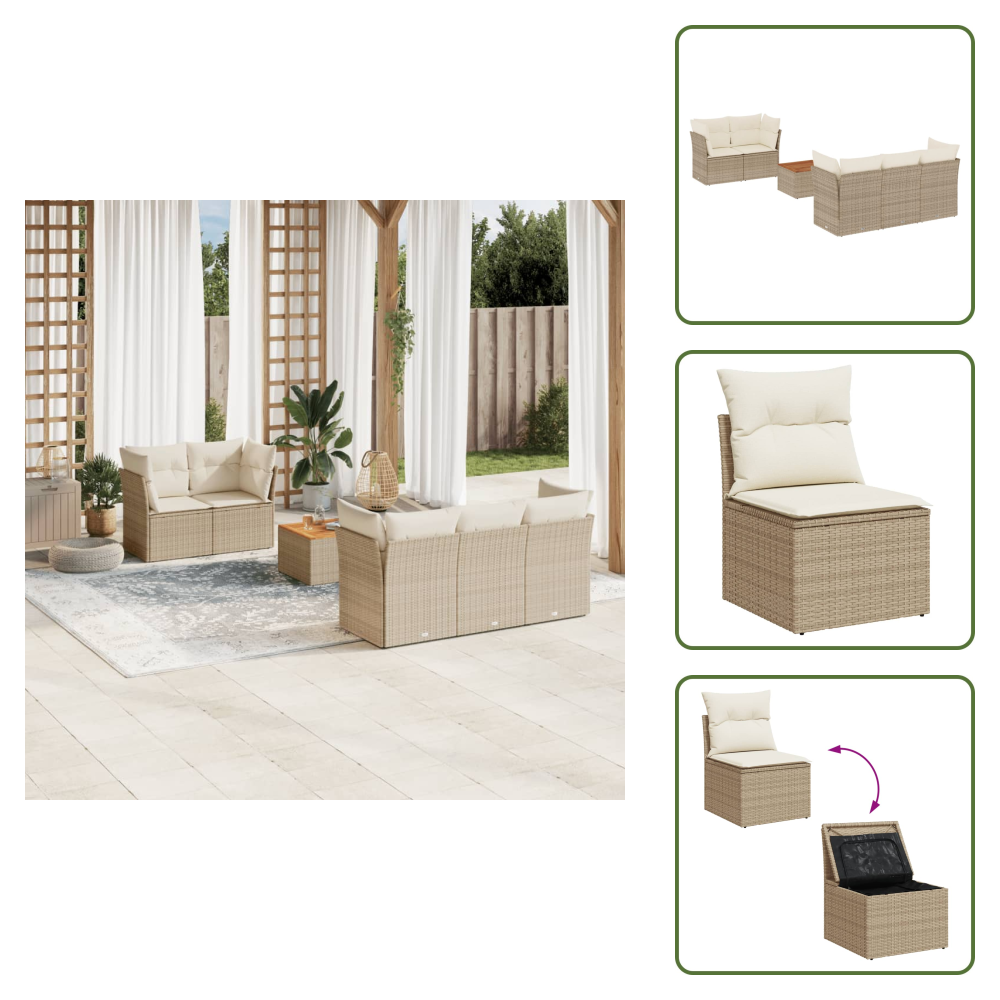 The Living Store 6-tlg. Garten-sofagarnitur Mit Kissen Beige Poly Rattan - Gartenmöbel Set - Esstischset - Rattan Möbel - Outdoor Sofa - Lounge Set