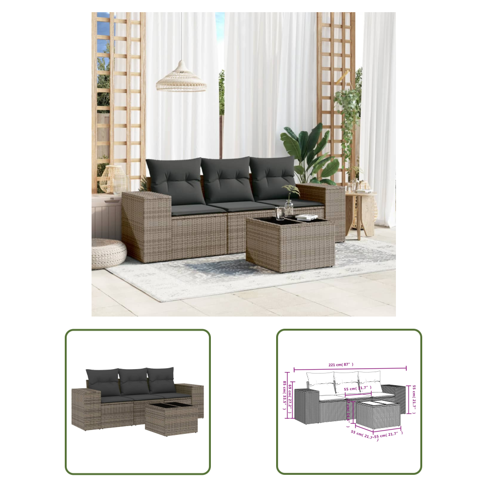 The Living Store 4-tlg. Garten-sofagarnitur Mit Kissen Grau Poly Rattan - Gartenmöbel - Pe-rattan - Outdoor Möbel - Lounge Set - Esstisch
