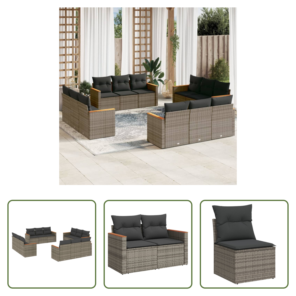 Vidaxl Rattan - 12-tlg. Garten-sofagarnitur Mit Kissen Grau Poly Rattan