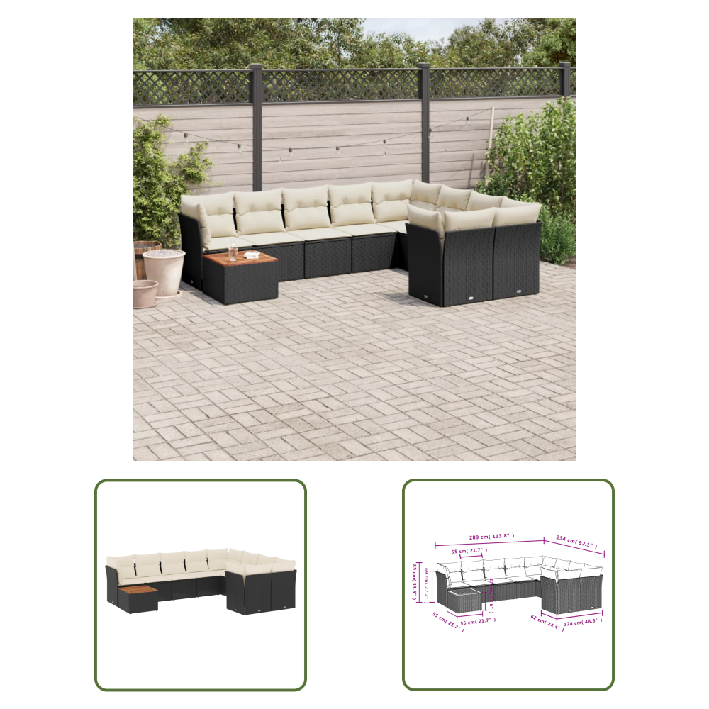 The Living Store 10-tlg. Garten-sofagarnitur Mit Kissen Schwarz Poly Rattan - Gartensorgsgarnitur - Outdoor Möbel - Lounge Set - Gartenlounge - Rattan Gartenmöbel
