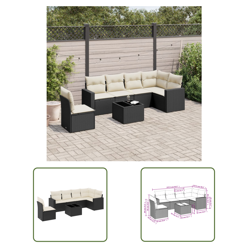 The Living Store 7-tlg. Garten-sofagarnitur Mit Kissen Schwarz Poly Rattan - Gartenmöbel - Esstischset - Lounge Set - Outdoor Möbel - Rattan Sofa