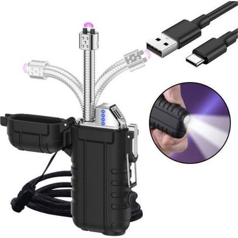 Langes, Per Usb Aufladbares Elektrisches Bogenfeuerzeug Mit Licht Und Notfallpfeife, Tragbar, Wasserdicht, Windfest, Flammenlos, Schwarz