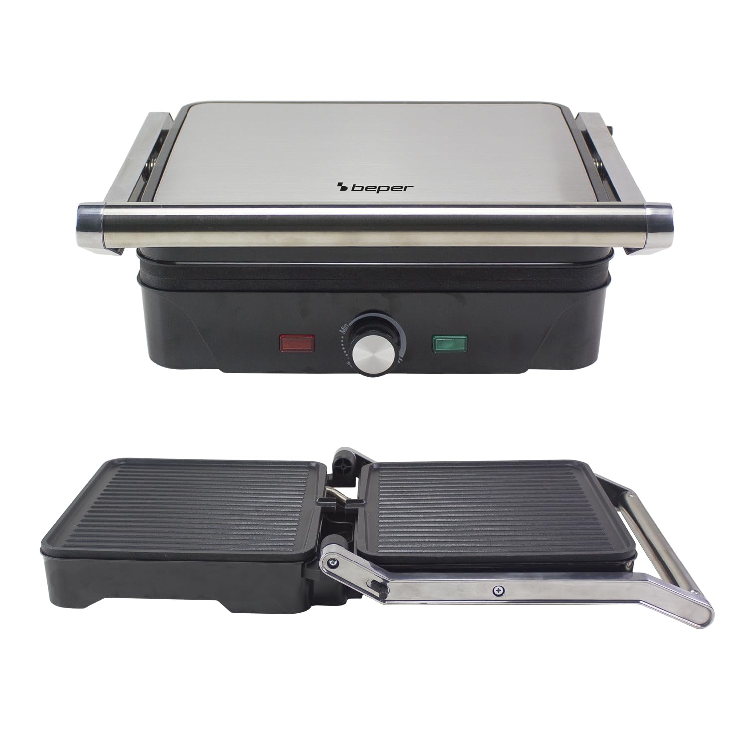 Beper P101tos503 Grand Grill 3-in-1 Multifunktions-elektrogrill – Steakpfanne, Panini-grillplatte Und Barbecue-grill – 28 X 25 Cm Grillplatten, 180°-öffnung, Einstellbares Thermostat – 2000 W