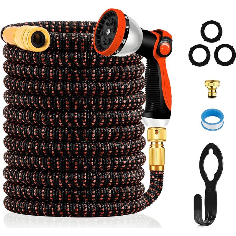 30 M Dehnbarer Gartenschlauch Mit 10-düsen-spritzpistole, Flexiblen Schlauchanschlüssen Für 1/2"- Und 3/4"-wasserhähne, Metallanschlüssen, Gartenschlauch Zum Gärtnern, Bewässern Und Reinigen (100 Fuß,