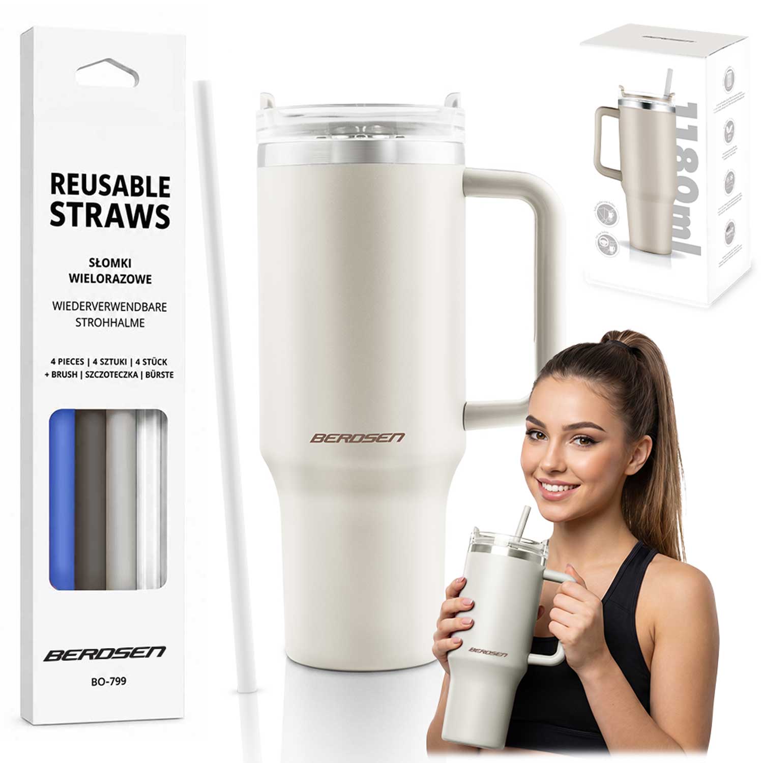 Berdsen Vakuum-thermosbecher Mit Strohhalm-set 1180 Ml Creme