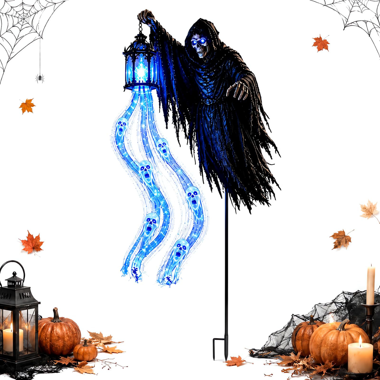 Halloween-lichtdekoration „seelenernter“ Mit Solarantrieb, 90 Cm, Animierter Sensenmann Zum Einpflanzen In Den Boden Für Einfahrt Oder Garten.